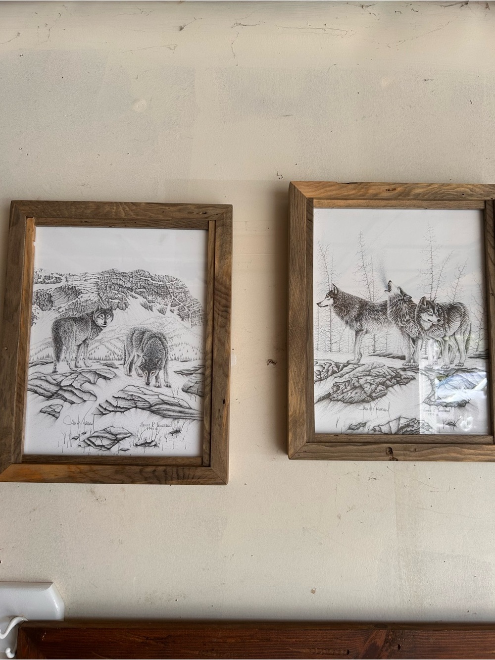 Framed Black & White Wolf Artwork Pair